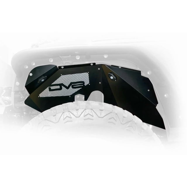 Fits 2007-2018 Jeep Wrangler JK DV8 Offroad Inner Fender INFEND-01FB Solid and Perforated Design; With DV8 Logo; Powder Coated; Black; Aluminum; Set Of 2