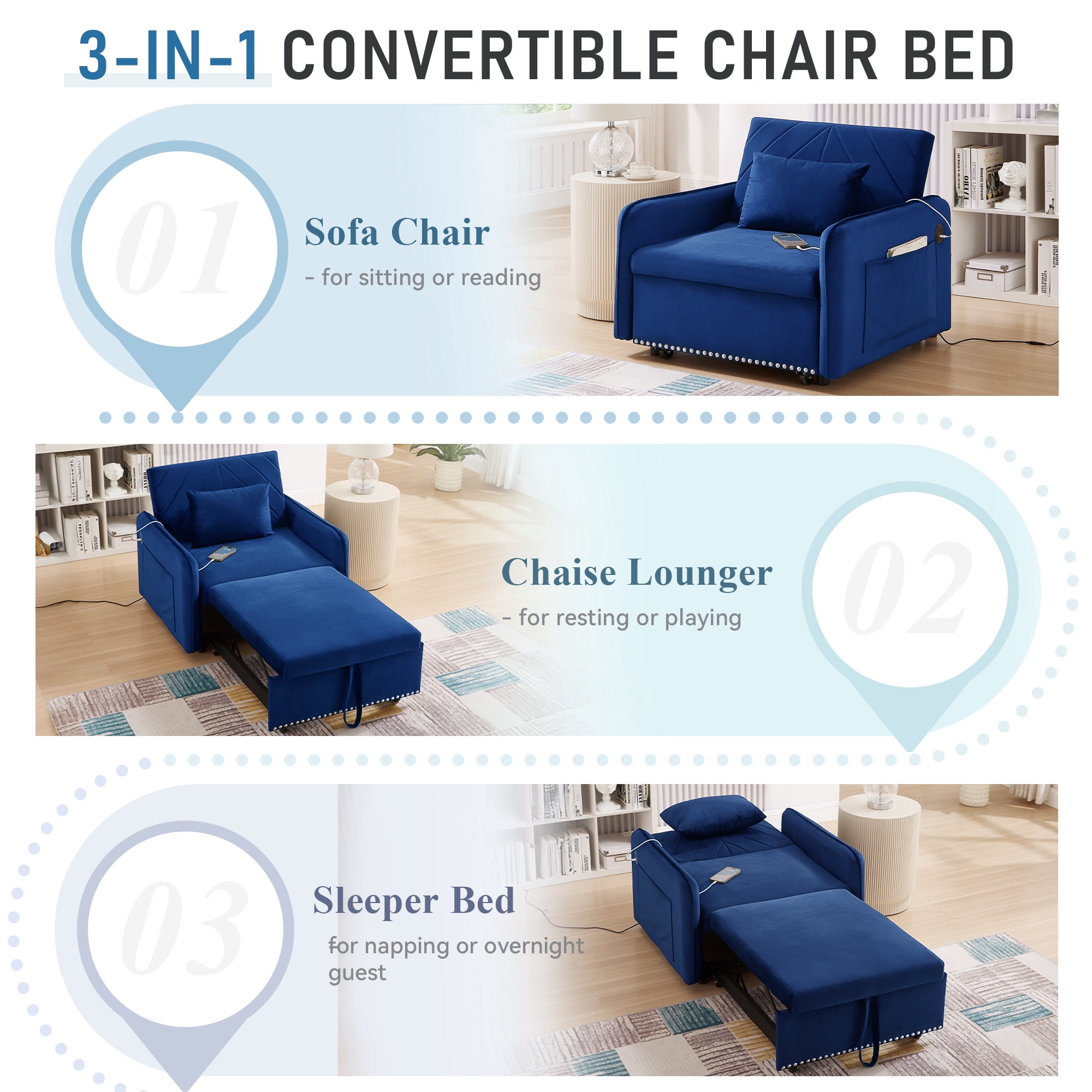 Lunale 3-in-1 Convertible Sleeper Chair Bed, Indoor Lounge Chair with USB/Type-C, Blue Velvet