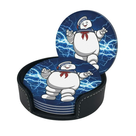 

Ghostbusters Stay Puft Round Coaster Set Of 6 Tabletop Protection Mats Leather Drink Cup Coasters Kitchen Coffee Decor