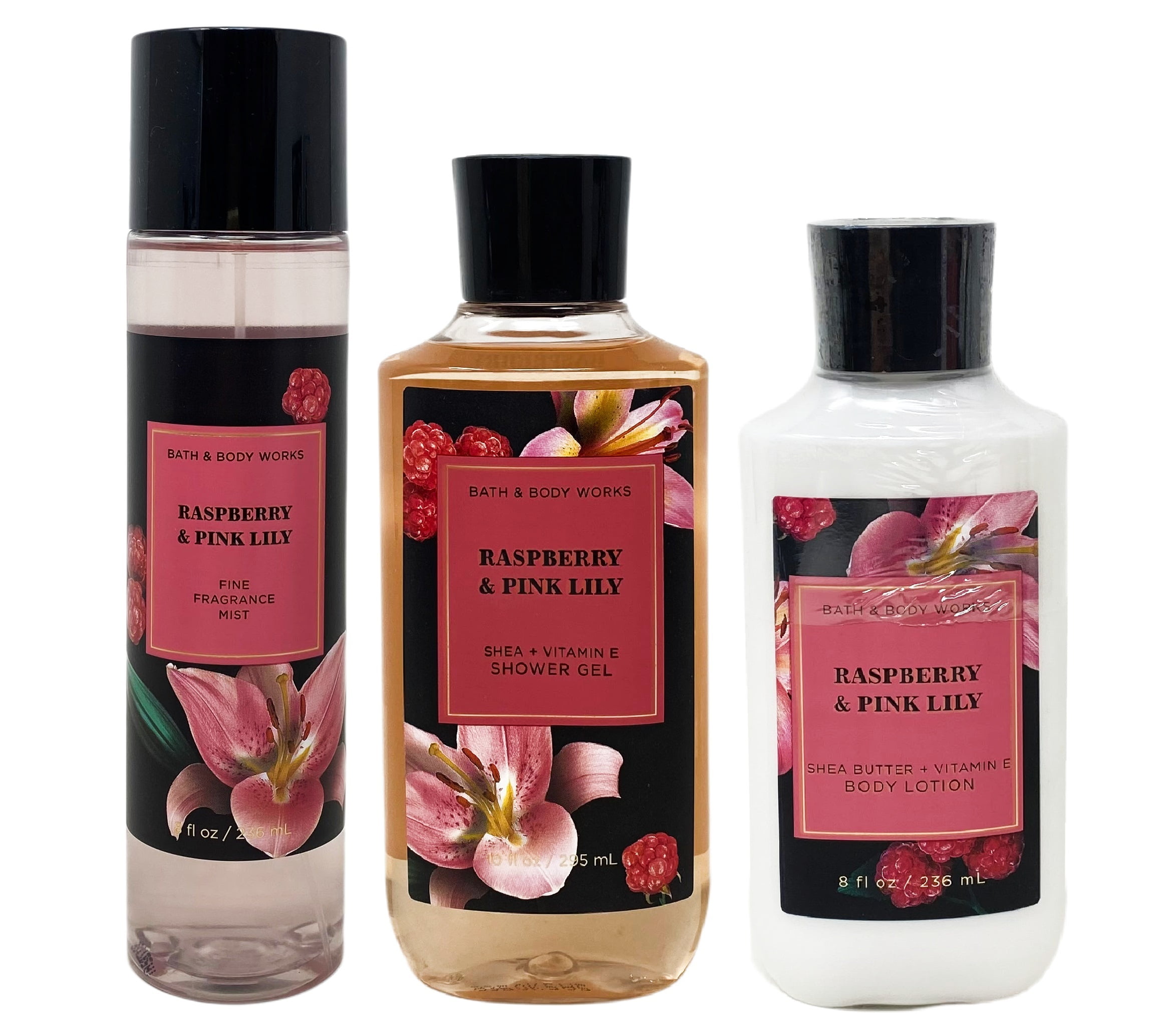 Bath And Body Works Raspberry And Pink Lily Daily Trio T Set Fine Fragrance Mist Shower Gel