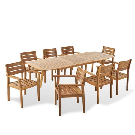 Vivienne Outdoor 8 Seater Acacia Wood Expandable Dining Set, Teak