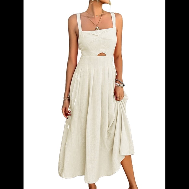 Vestido Midi de Verano con Tirantes Finos, Botones y Lazo Frontal para Mujer, Estampado Floral Albaricoque XL