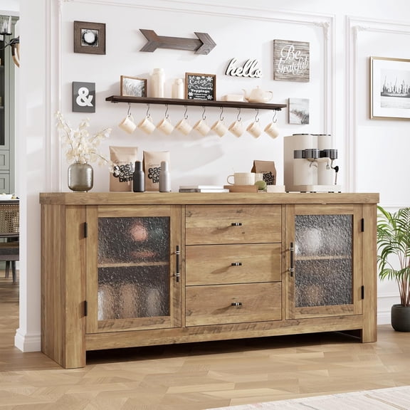 54.4" Kitchen Buffet Sideboard Cabinet - Accent Storage Cabinet with 2 Glass Doors & 3 Drawers, Coffee Bar Table for Living Room, Dining Room, Brown