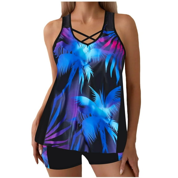 Wyobmus Women's Modest Tankini Swimsuits Two Piece Tummy Control Bathing Suits Criss-Cross Straps Tropical Printed Swim Tunic Tank Top With Boyshorts B-Blue