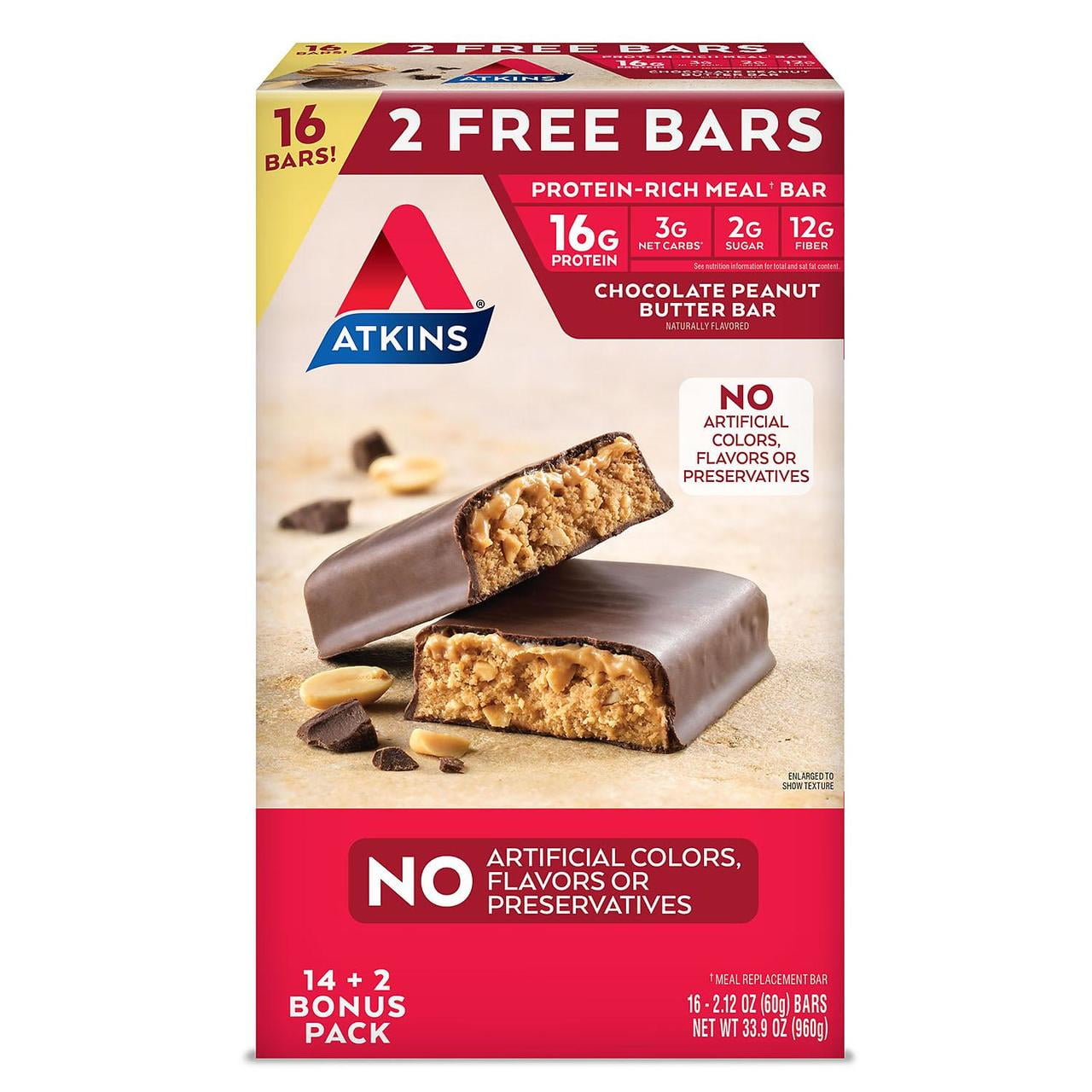 Atkins Meal Bar Chocolate Peanut Butter Pack (14 ct. + 2 Bonus Bars