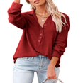 thumbnail image 5 of PENGXIANG Women Solid Color Button Up V Neck Long Sleeves Blouses Tops Relaxed Fit Henley Shirts, 5 of 5