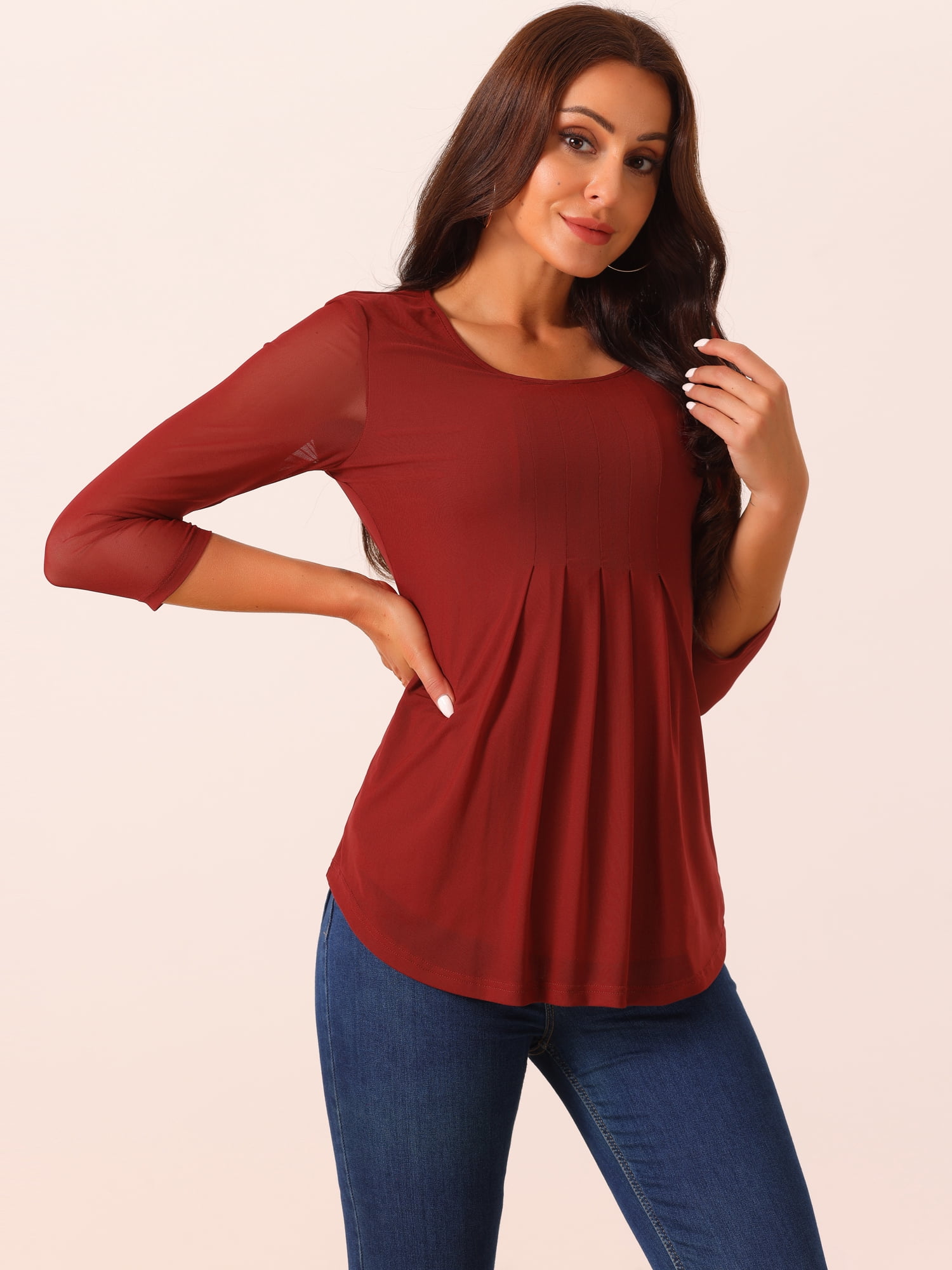 DARING DIVA Pleated Double Layers Mesh Blouse L Wine Red