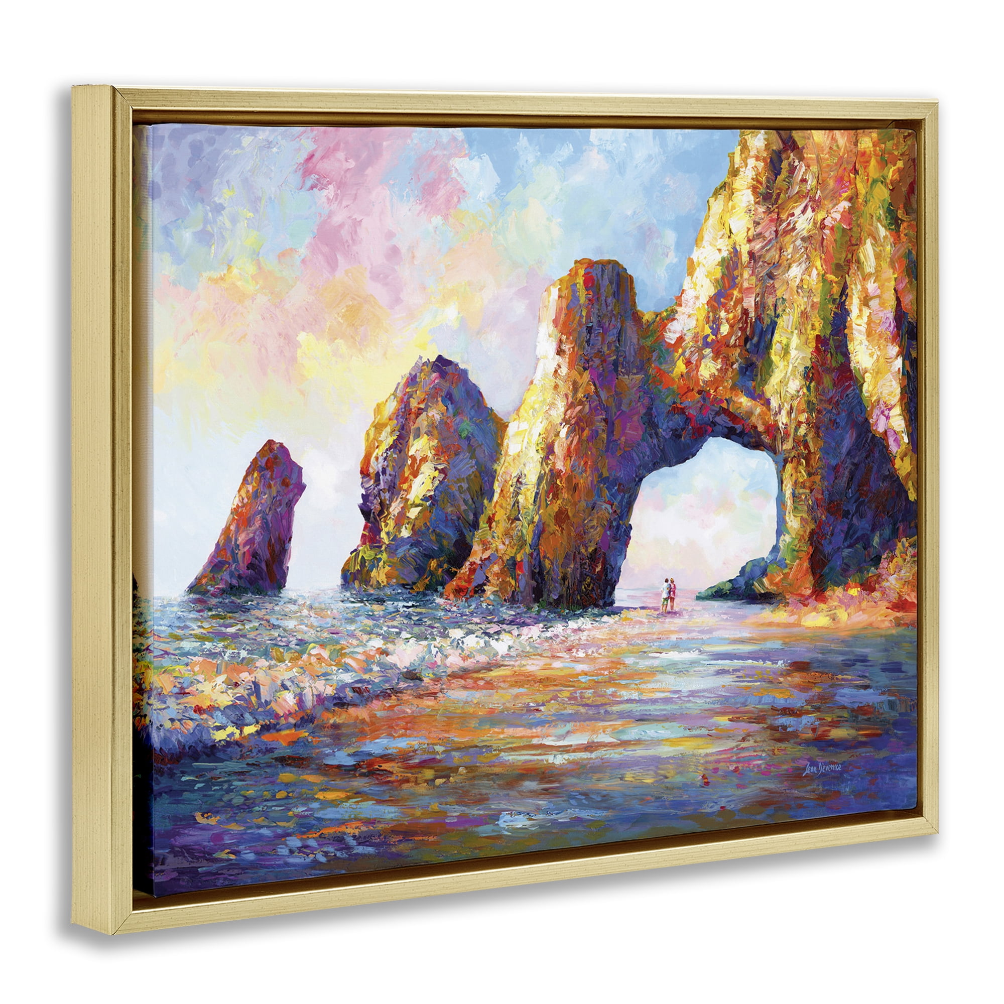 Stupell Industries Couple Strolling Beach Arch Landscape Painting Gold Floater Framed Canvas Art Print Wall Art, 31 x 25