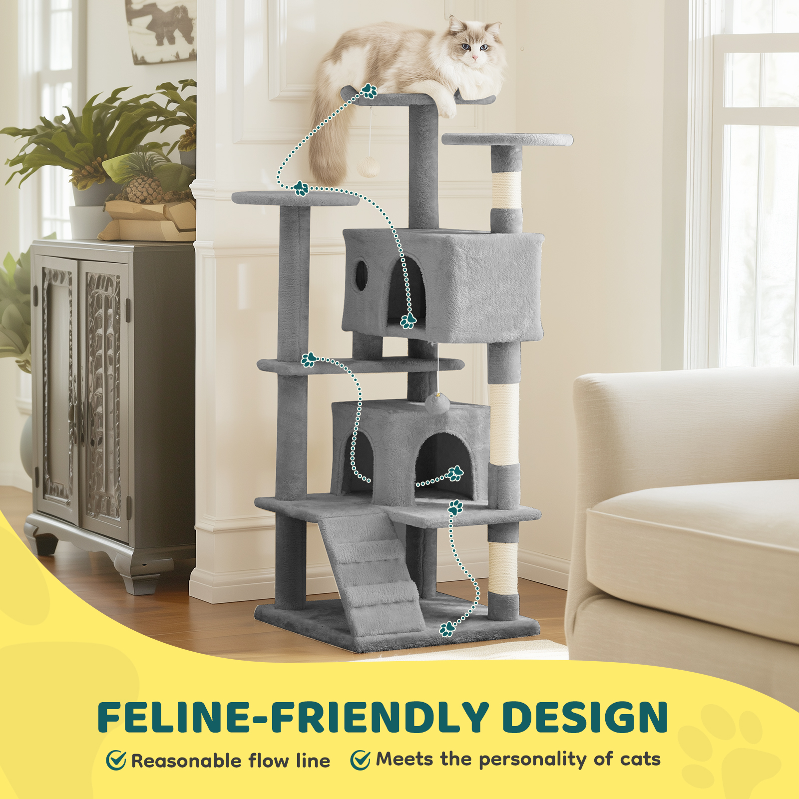MCQ 54" Cat Tree Tower Multi-level with Scratching Post, Large Condo for Indoor, Light Gray