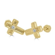 10K Solid Gold Religious Cross Stud Earrings Screw on Posts Glitz Design.