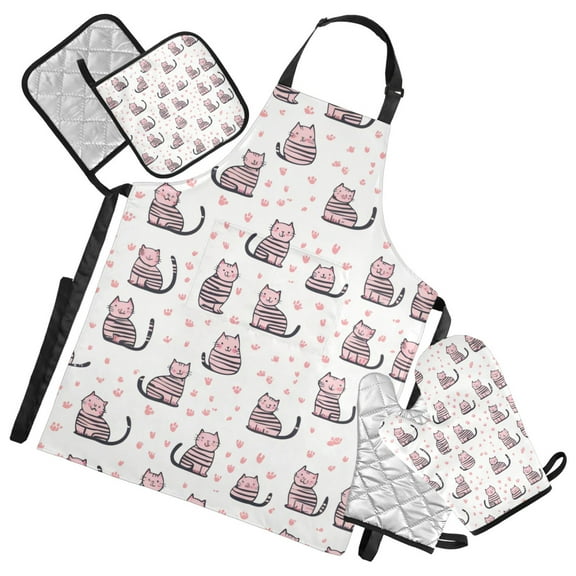 Cute Pink Striped Cat Oven Mitts and Pot Holders with Chef Apron Set 5 Pcs Kitchen Cooking Set