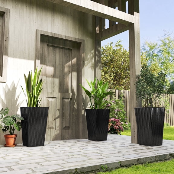 Outsunny 24" Tall Planters Set of 3, Outdoor Flower Pots with Rattan-Style Design, PP Plastic Plant Pots with Drainage Hole and Plug, Black
