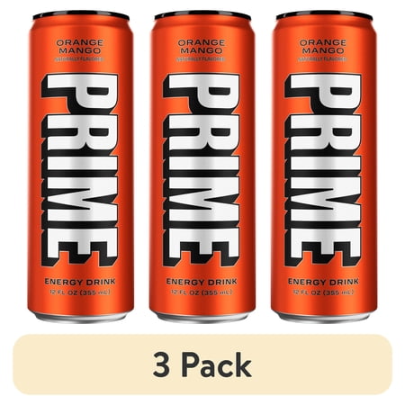 (3 pack) Prime Sugar Free Energy Drink, Orange Mango, 12 fl oz, Can, 200mg Caffeine