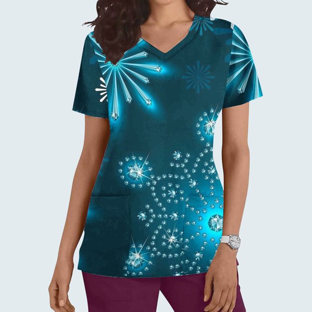 Fiudx Ofertas Del Día Blusa de Manga Corta con Cuello En V para Mujer, Uniforme de Trabajo, Impresión de Bolsillo
