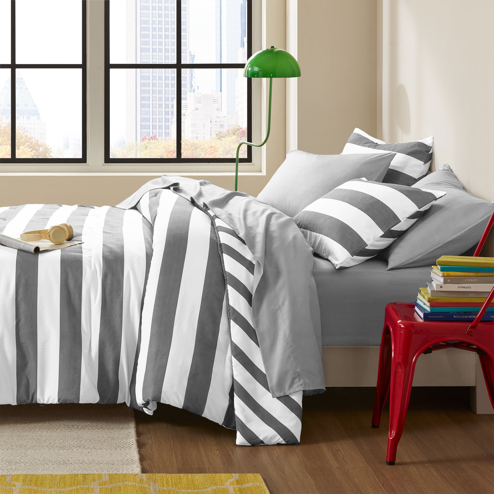 Regency Heights Essential King Size Comforter Sets, 3-Piece Bedding Set King, Reversible Striped Comforter Bed Set, Charcoal