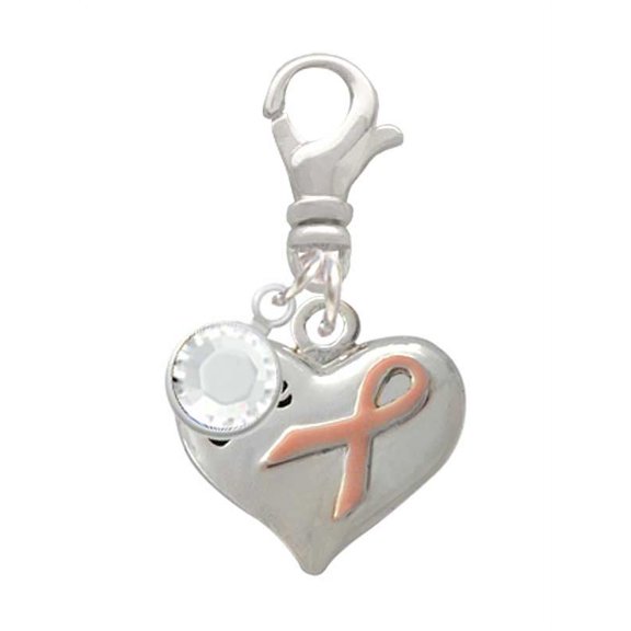 Delight Jewelry Silvertone Small Heart with Pink Ribbon ''The Cure'' - Silvertone Clip on Charm with Clear Crystal Drop