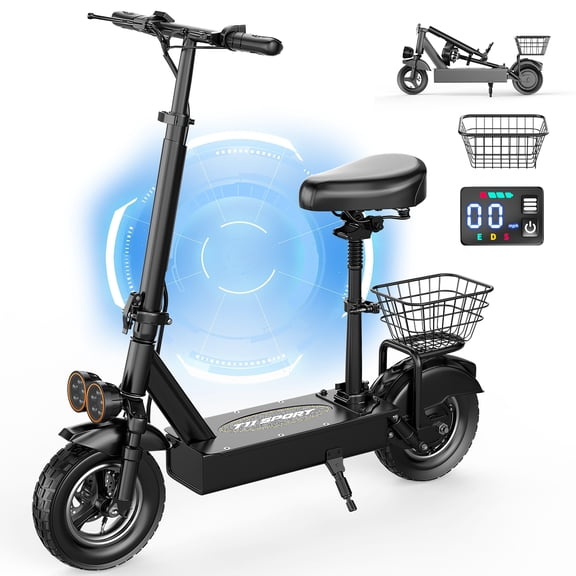ASKGO T11 Folding Electric Scooter with Seat & Carry Basket, 48V 15Ah Battery, 25MPH Top Speed, 35Miles Max Range, 10 Inch Tires, Commuter E-scooter for Adults UL2272