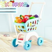 NimJoy Kids Big Toy Shopping Cart W/Cutting Foods ABS Toy for Boys 3-6 Years Girls, Pretend Play Shopping Grocery Play Set Gifts to Toddlers, 20Pcs Clear Blue