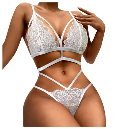 

KDDYLITQ Womens Lingerie Sets Strappy Sexy Babydoll Lace 2 Piece Sheer Bra and Panty Set White M