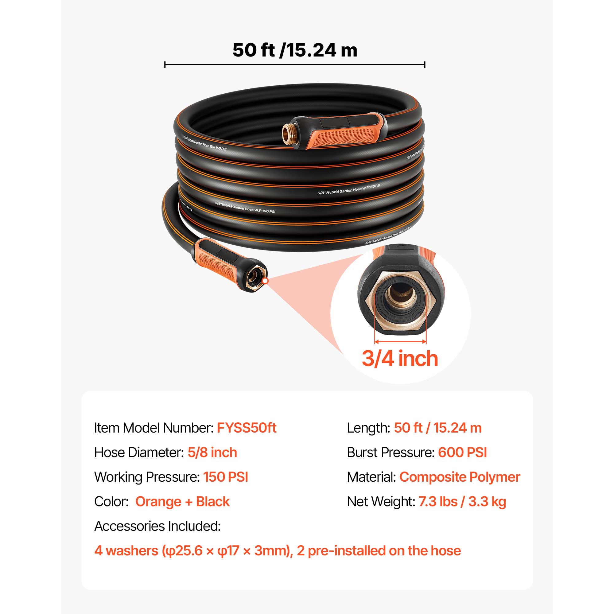 KFFKFF 50 ft 5/8" Durable 4-Layer Rubber Water Hose, 150PSI Working Pressure & 600PSI Burst Strength, Flexible and Non-Kink Outdoor Hose with 3/4" Fittings, Lightweight Option for Gardening