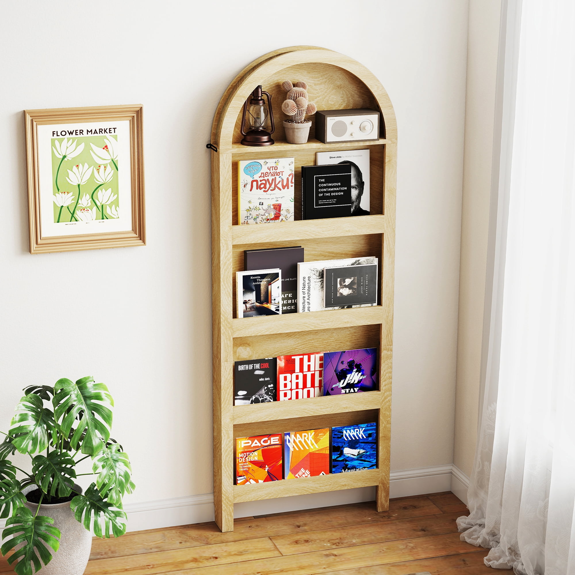 Arched Behind The Door Storage Narrow 5- Tier Open Display Bookshelf Wall Mount Display Rack for Living Room Bedroom