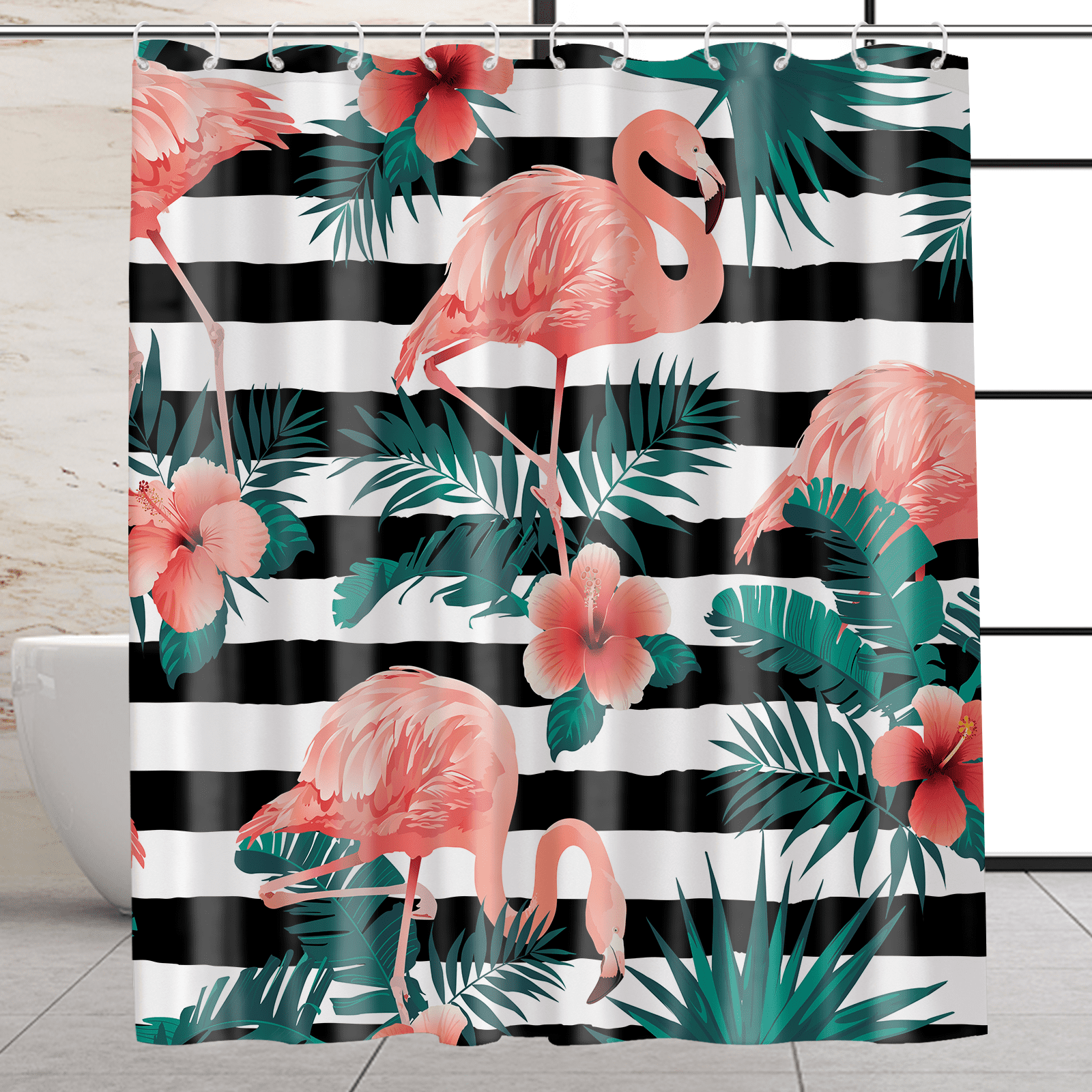 MONOJOY Tropical Leaves Shower Curtain, Flamingo Shower Curtain, Botanical Shower Curtain Set with 12 Hooks, 72X72 inches