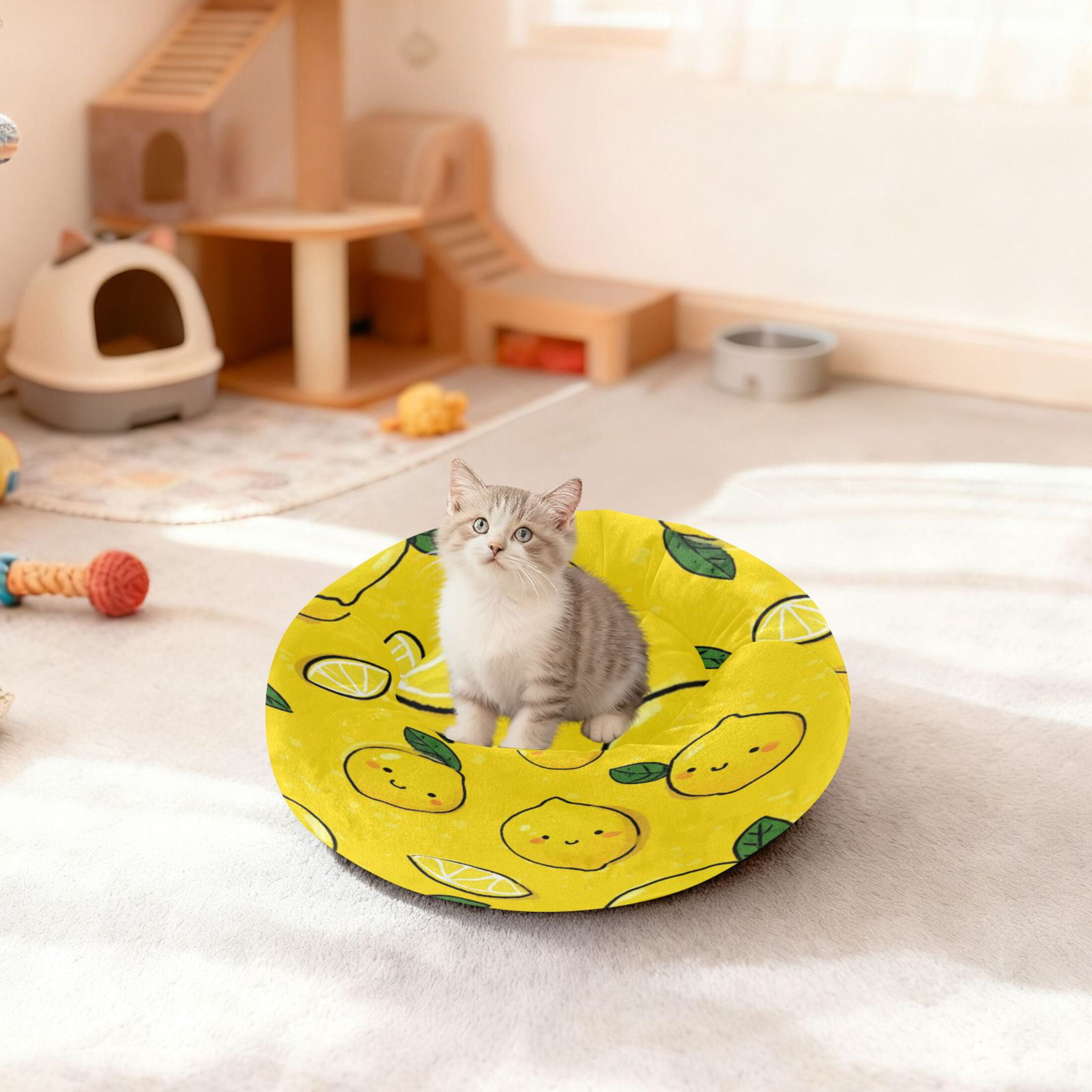 Iauyy Pet Couch Donut Cat Bed for Indoor Cats/Small Dogs Washable & Machine with Non-slip Bottom Calming Cat Furniture, Lemon Cartoon Wallpaper (M)
