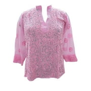 Mogul Womens Top Blouse Pink Georgette Ethnic Floral Hand Embroidered Long Sleeve Boho Indian Tunic Shirt Tops