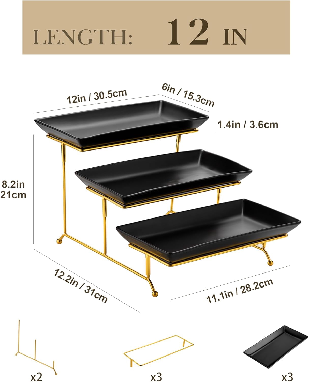 3 Tier Serving Tray, Porcelain Tiered Tray Stand, 14 Inch Ceramic Serving Platter with Collapsible Sturdier Rack, Dessert Wihte, Series PLAT