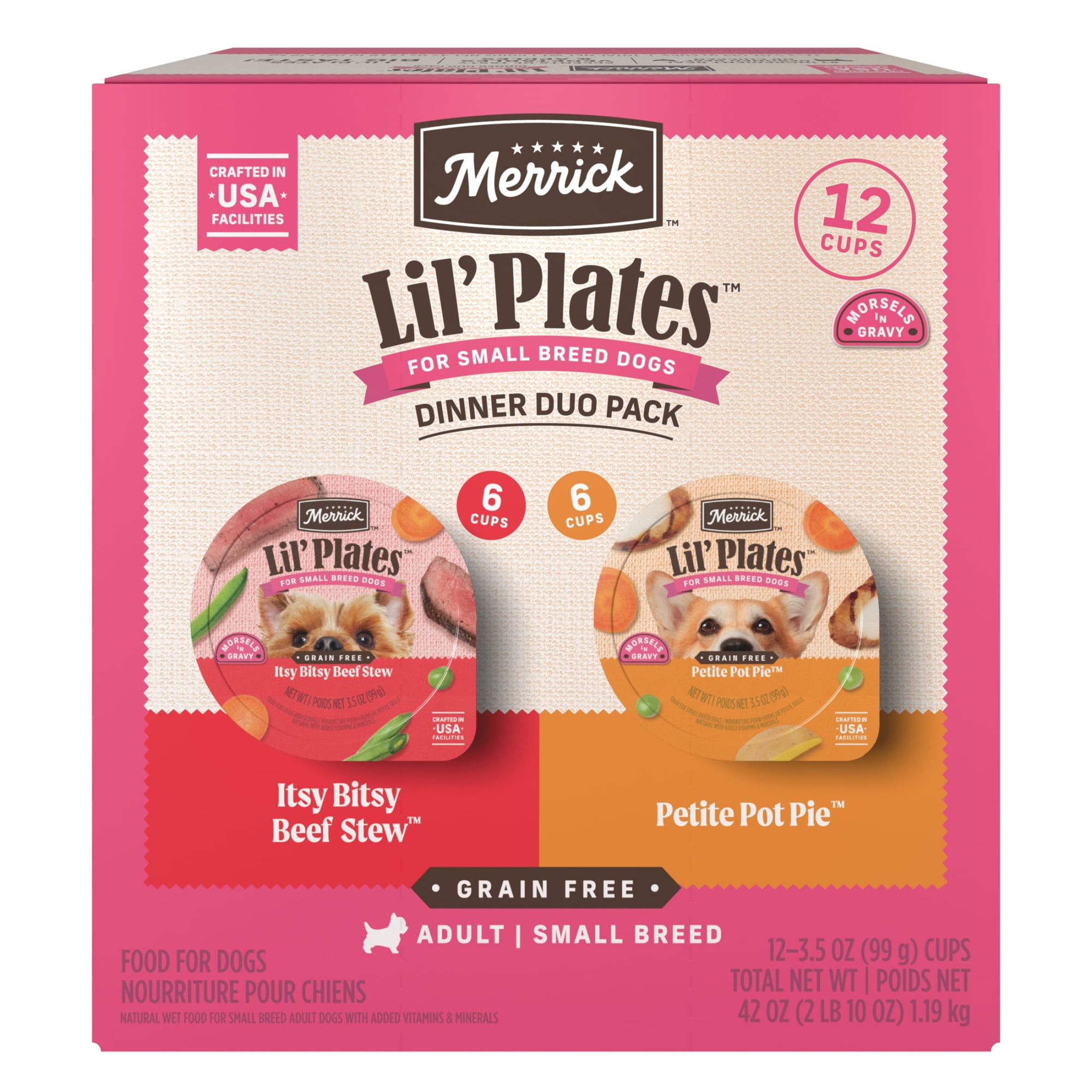 Merrick Lil' Plates Small Wet Dog Food, Chicken Pot Pie & Beef Stew in Gravy, 3.5 oz Tubs