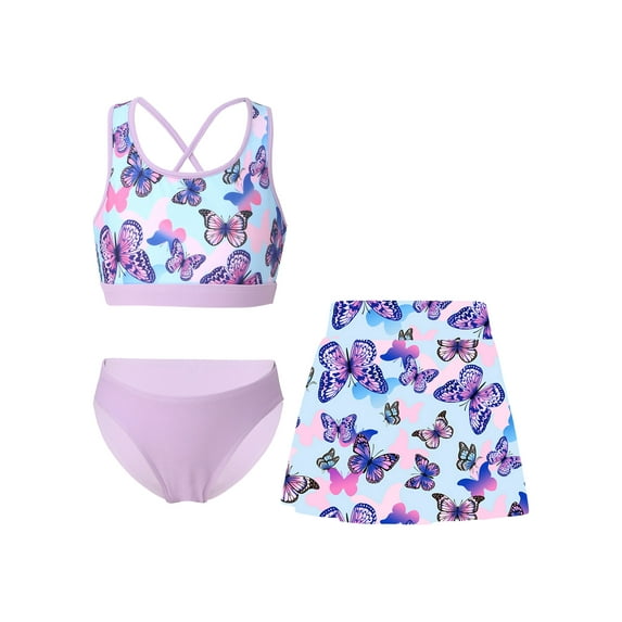 TiaoBug Kids Girls 3 Piece Swimsuit Criss Cross Bikini Set Hawaii Surfing Floral Print Bathing Suit Pool Party Swimwear Lavender 8