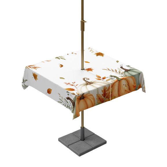 Outdoor Tablecloth with Umbrella Hole, Autumn Thanksgiving Orange Pumpkins Zippered Table Cloth for Rectangle Tables, Maple Leaves Washable Waterproof Tablecloths for Picnic Patio Garden