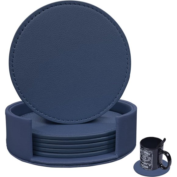 ORIJOYNA sous-Verres Ensemble de 6 sous-Verres en Cuir Souple Ronds avec Coutures, Adaptés à Divers Tasses, Tables en Bois, Décoration Maison, 4 Pouces (Bleu Marine)