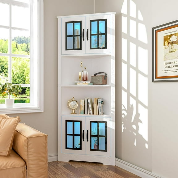 Tall Corner Cabinet with Doors, 67" Corner Storage Cabinet with LED Lights, White Corner Curio Display Cabinet for Living Room, Dining Room, Kitchen, Bedroom and Bathroom