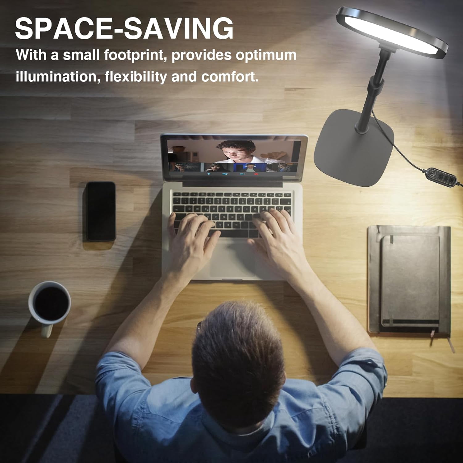 2Pcs Desktop Video Conference Lighting for  Meeting, Computer, Laptop, Work from Home with Nature Soft Light, Adjustable Brightness & Color Temp and Flexible Stand & Versatile Phone Holder
