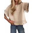 thumbnail image 2 of Women's Knit Crochet Short Sleeve Round Neck Ruffled Hem Pullover Fall Sweater for Casual Summer Khaki S, 2 of 8
