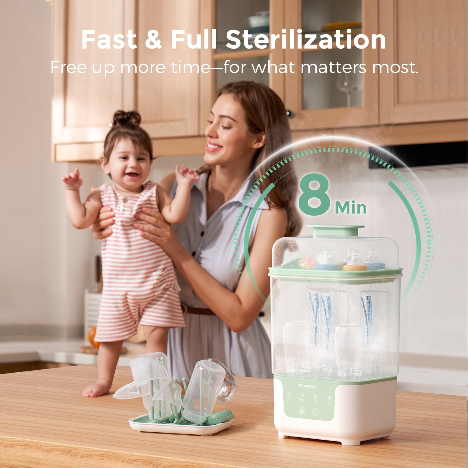 Momcozy 4 in 1 Bottle Sterilizer and Dryer, Modular Nesting Space Saving Design, 6 Bottles Capacity, Drying Rack Included