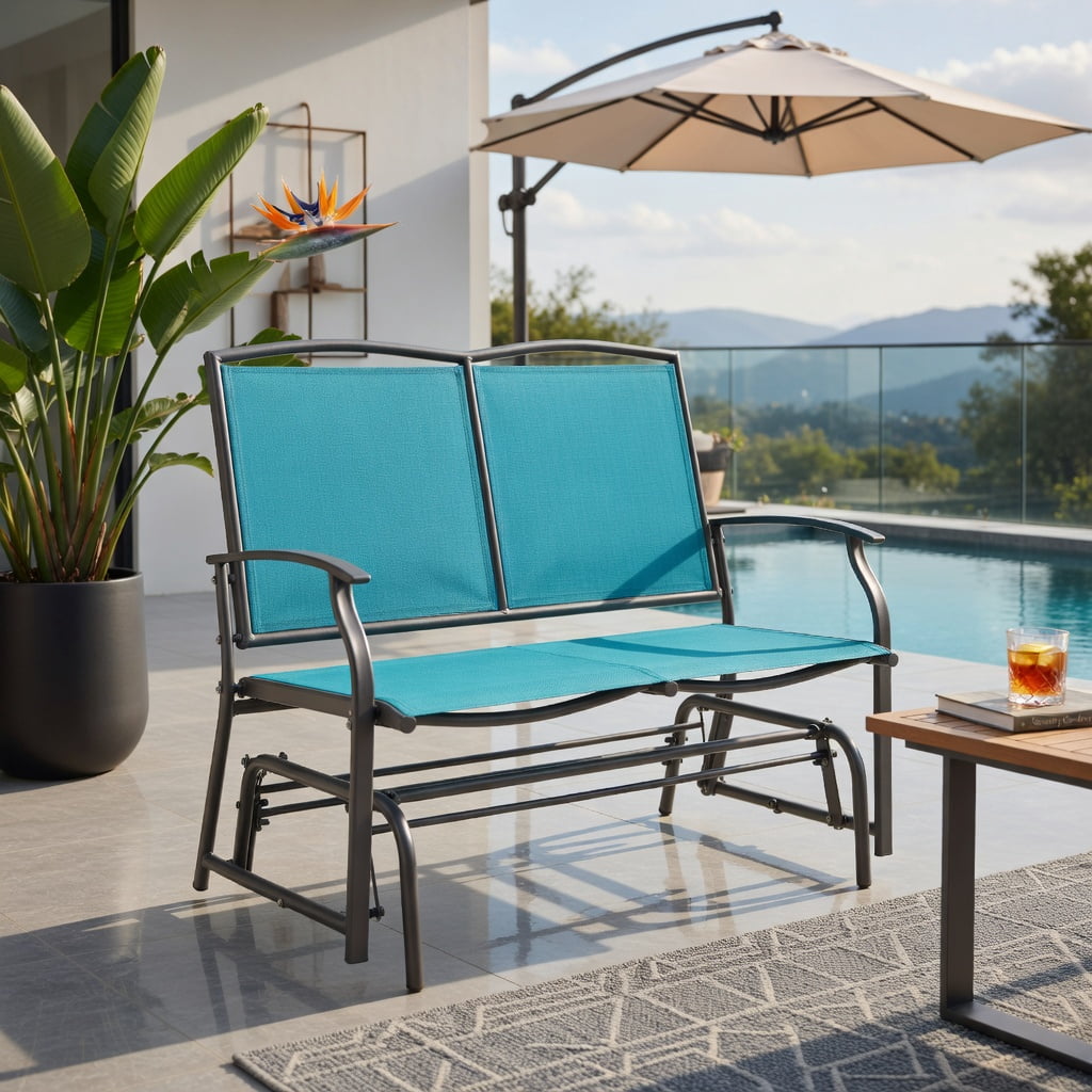 Hommoo Iron Outdoor Rocking Loveseat, Heavy-Duty Steel & Textilene Patio Chair for Backyard, Deck or Porch, 2-Person Relaxation Rocker, Turquoise