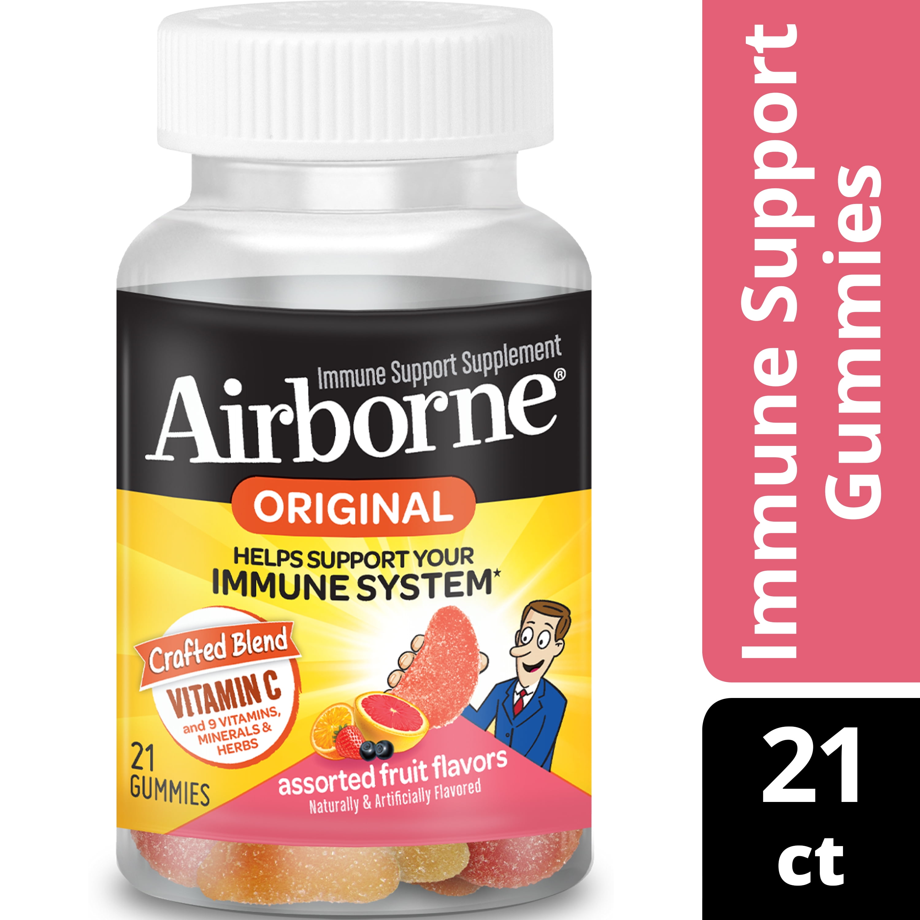 Airborne Assorted Fruit Flavored Gummies, 21 count - 750mg of Vitamin C and Minerals & Herbs Immune Support (Packaging May Vary)