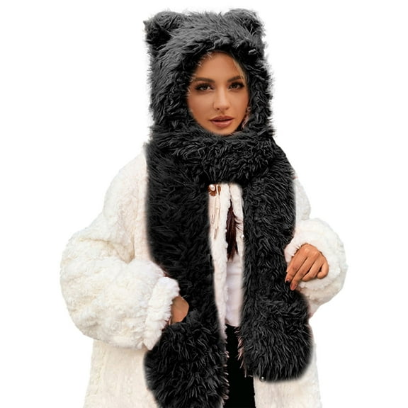 Prolriy Winter Hats for Women Winter Faux Flannel Hat Hood Hat Scarf 2 in 1 Hooded Scarf for Women White Hat with Ears Womens Hats Black