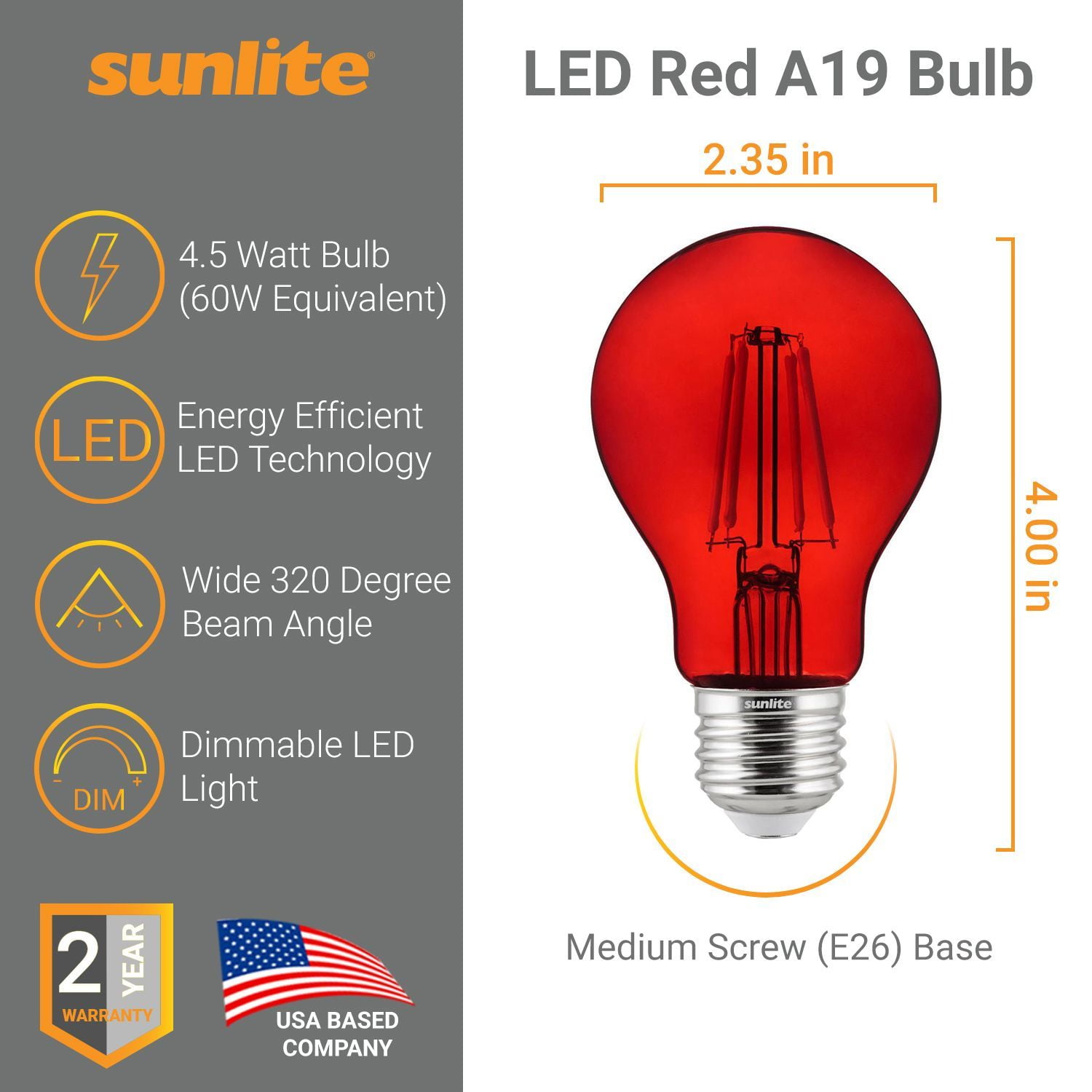 Sunlite LED Filament A19 Red E26 Base 4.5W (60W Equivalent) Dimmable Light Bulb, 6 Count