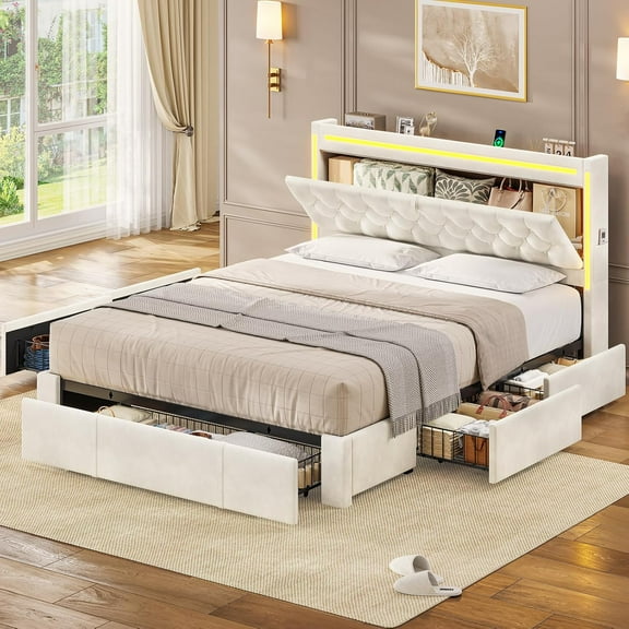 Afuhokles Queen Upholstered Bed Frame with 5 Large Storage Drawers, Storage Headboard with LED Lights and Charging Station, Velvet Platform Bed, White