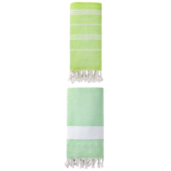 Unique Bargains 2Pcs Stripe Quick Dry Light Turkish Beach Towel Green 71" x 35"/71" x 40"