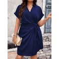 thumbnail image 3 of Navy Blue Plus Size Knot Side Wrap Shirt Dress With Collared V-Neck And Short Sleeves, 3 of 5