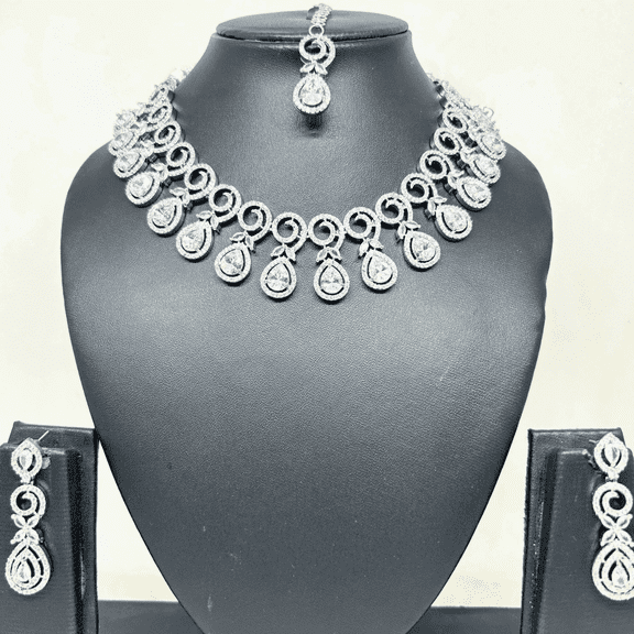 Kajaro Designs Jewels Bridal CZ Jewelry Set | Silver AD Choker Necklace Set With Maangtika, Earrings for Women | CZ Jewelry for Wedding & Engagement