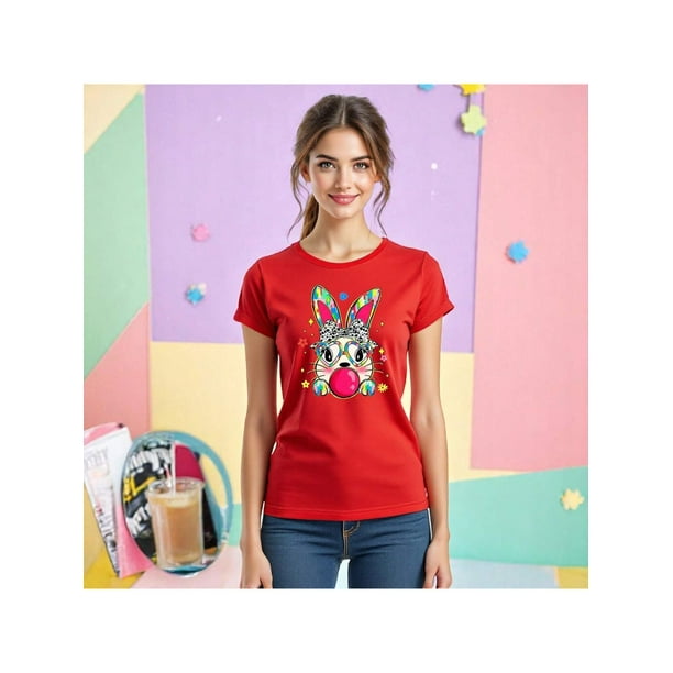Playera de Mujer con Conejita Chic – Estampado Divertido y Colorido Color Rojo Talla Mediana Marca Emil SaEs