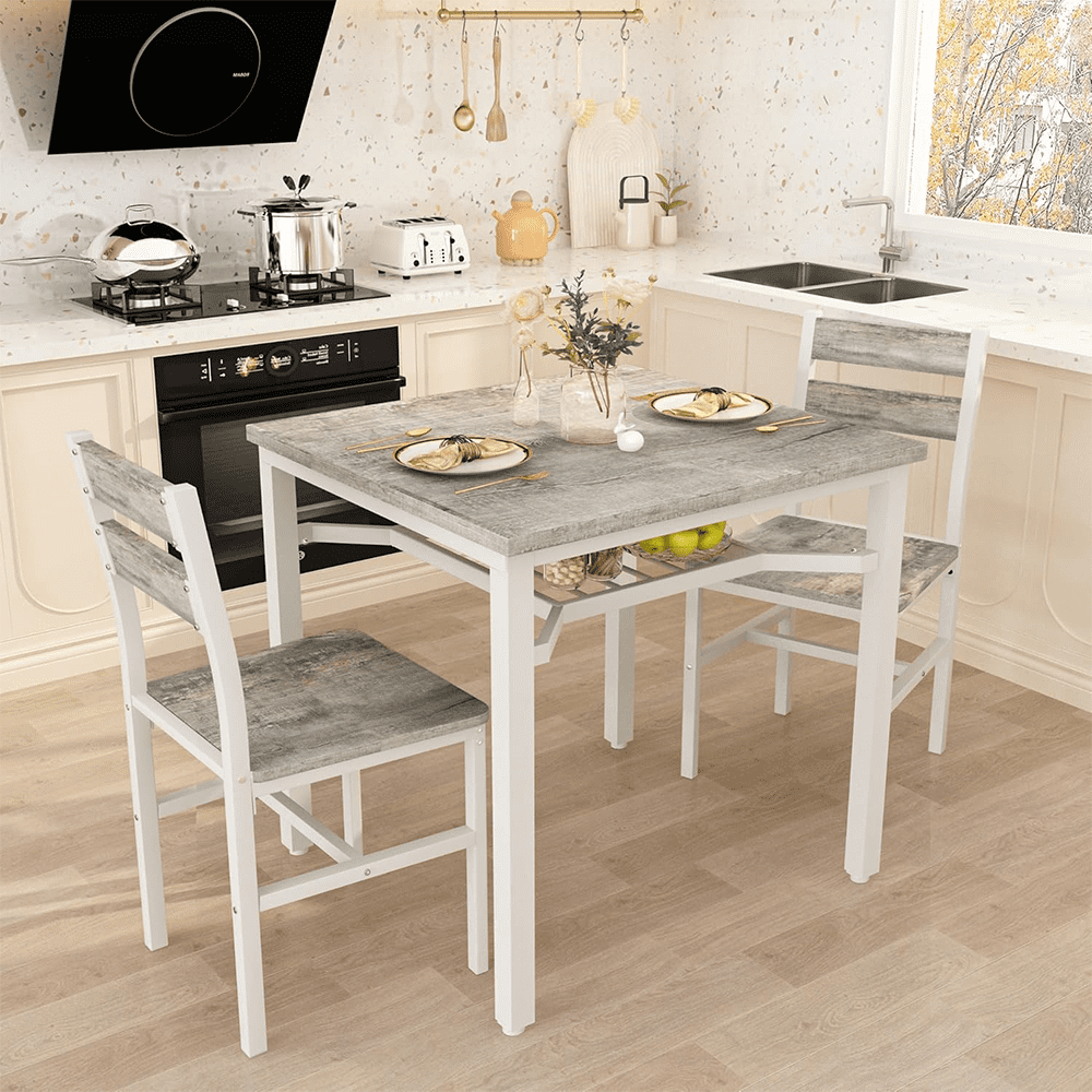 LinkRomat Small Dining Table for 2, Wooden Dinner Table with Storage, 3 Piece Farmhouse Square Dinette Set for Dining Room, Apartment, Small Space