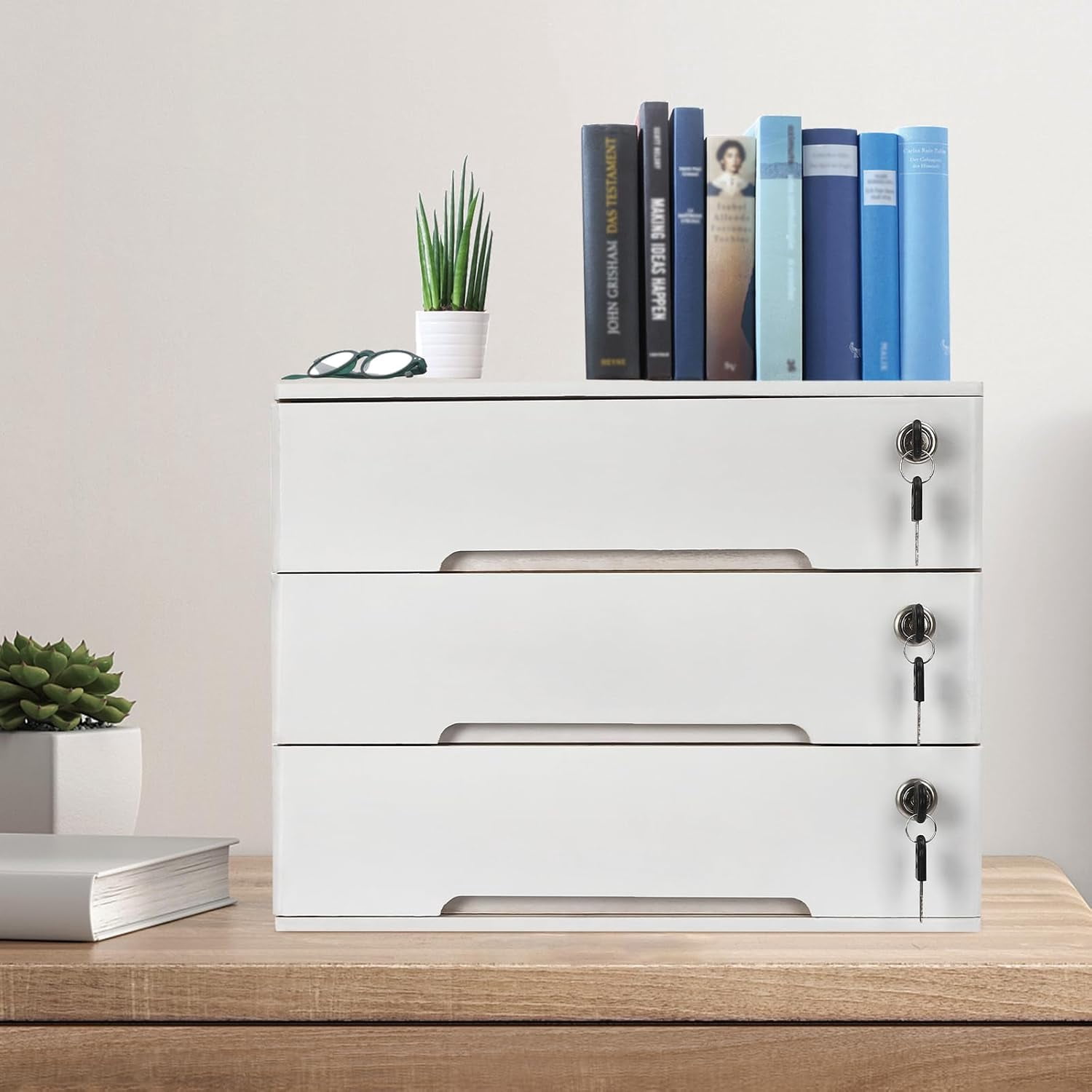 3-Drawer Desktop Storage Cabinet, White Wooden Desk Organizer Cabinet with Lockable Drawers, for Office Home Stationery & Cosmetics Storage