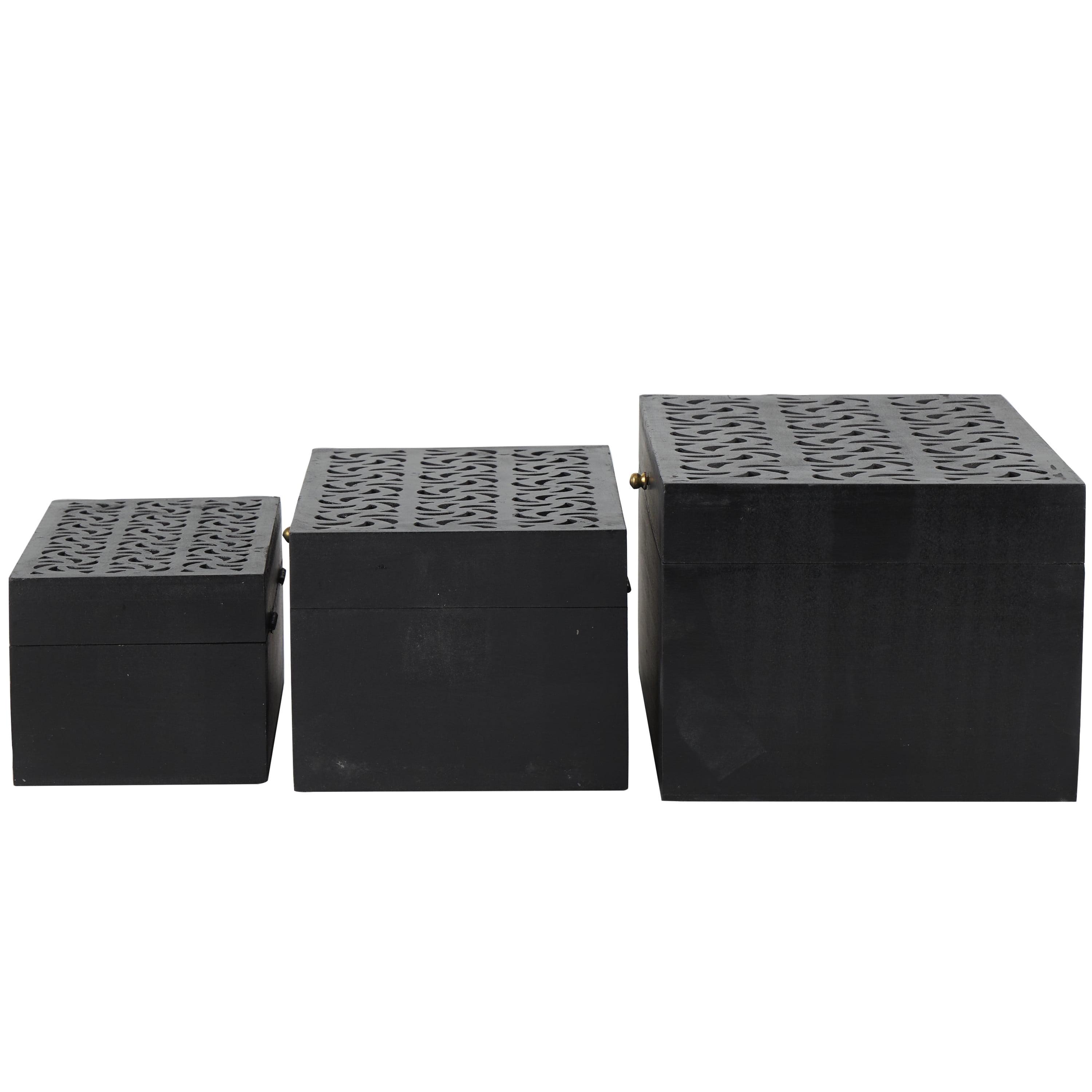 DecMode Intricate Carved Black Wood Decorative Box with Hinged Lid, 3 Count