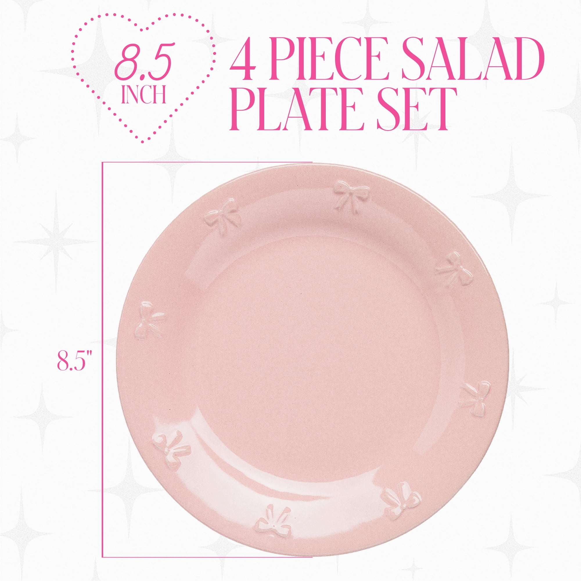 Paris Hilton London Collection Stoneware Salad Plates, Set of 4, Embossed Bow Detailing, 8.5-Inch, Pink